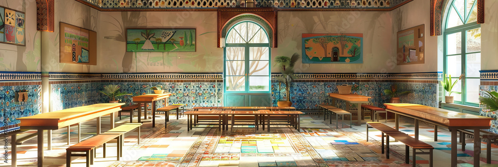 Moroccan Medina: A multicultural classroom with intricate tile work and vibrant, earthy colors, reflecting the school's diversity. Moroccan Medina: A multicultural classroom with intricate tile work and vibrant, earthy colors, reflecting the school's diversity.