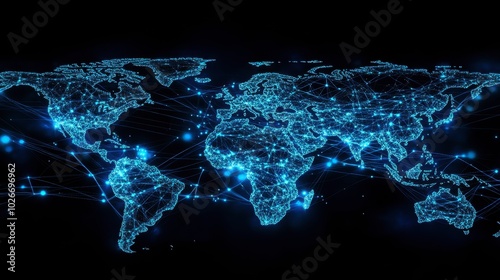 A holographic digital world map made of glowing blue lines and nodes.