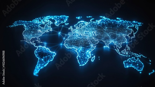 A holographic digital world map made of glowing blue lines and nodes.