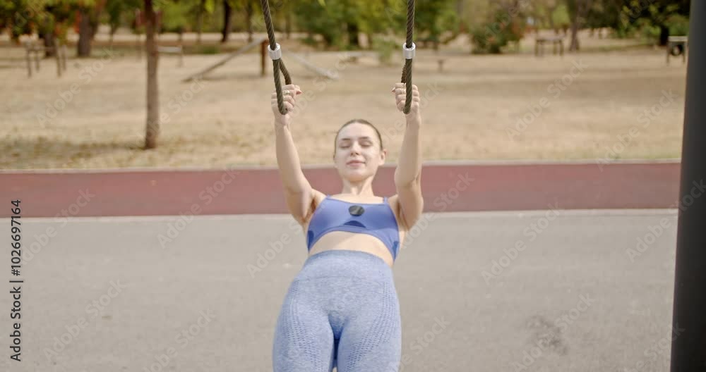 A young woman leads a healthy lifestyle exercising in a park, using ropes and outdoor gym equipment. A young woman leads a healthy lifestyle exercising in a park, using ropes and outdoor gym equipment.