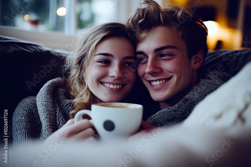 Young couple smiling and cuddling with a coffee mug indoors photo