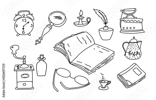 Retro.Set of antique elements in  doodle style. Home rest. Books ,glasses,coffee maker, alarm clock, kettle , candle holder .Vector .