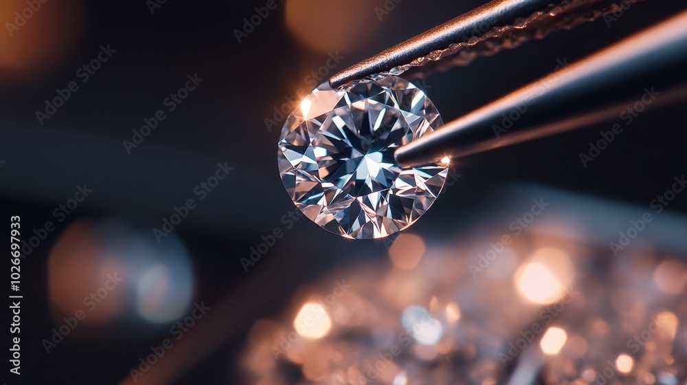 A loose round-cut diamond being held up by tweezers, glowing under soft studio lighting.