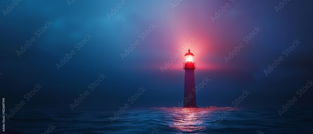 A lighthouse, situated in the midst of a water body, emits a red beam atop A lighthouse, situated in the midst of a water body, emits a red beam atop
