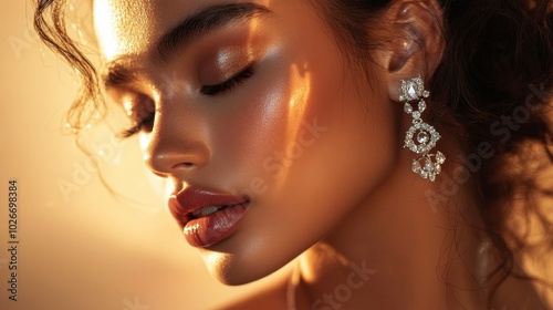 A model wearing diamond-studded earrings, sparkling under soft, elegant lighting.