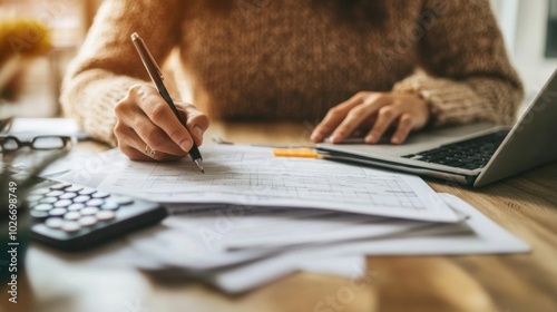 A person filling out a tax form with documents, calculator, and laptop on the table, representing financial planning for taxes.