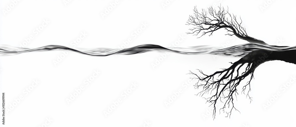 Fototapeta premium A monochrome image of a tree against a white backdrop, its branches billowing in the wind