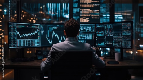 A professional reviewing stock market charts and financial reports on multiple monitors in a modern office.