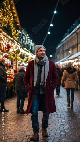 Man walking through a traditional Christmas market at night surrounded by festive decorations and lights