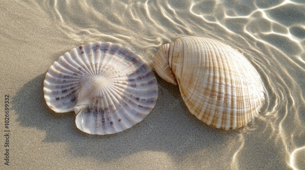 A sand dollar and a scallop shell placed side by side on a clean sandy beach, with small ripples of water nearby. A sand dollar and a scallop shell placed side by side on a clean sandy beach, with small ripples of water nearby.