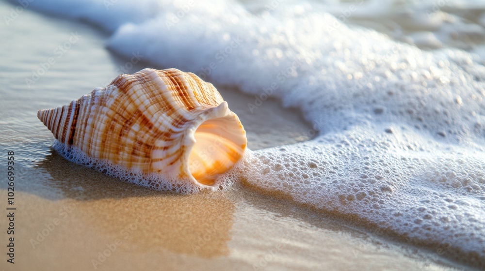 A seashell lying on wet sand at the shoreline, with waves gently washing over it.