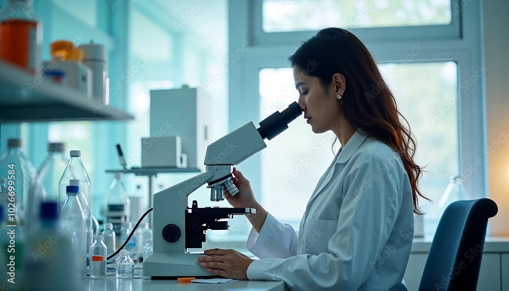 A female scientist in a futuristic lab during the day filled with natural light