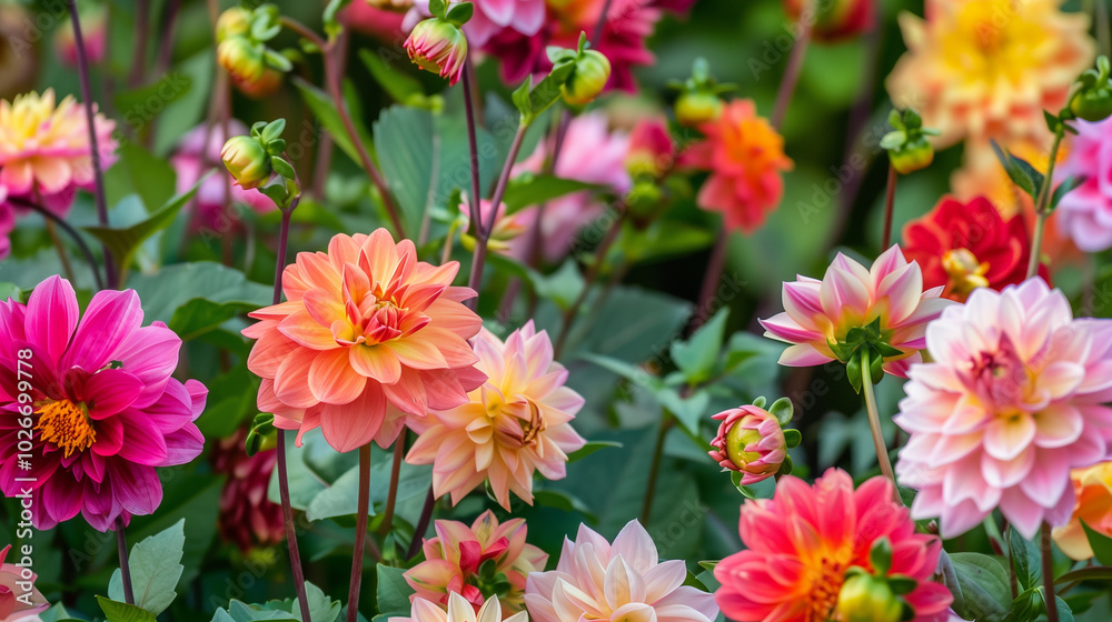 A garden with blooming multicolored dahlias on wallpaper, set against a summer evening sunset. A garden with blooming multicolored dahlias on wallpaper, set against a summer evening sunset.
