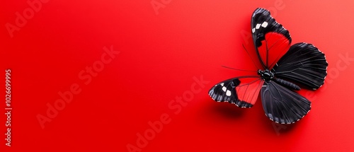 Wallpaper Mural  A black-and-white butterfly perches on a red surface, its wings displaying intricate black-and-white patterns Torontodigital.ca