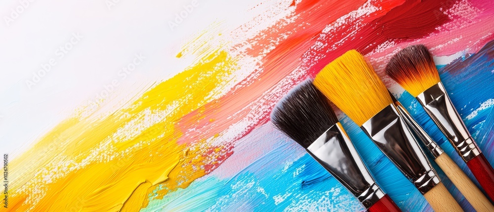Obraz premium A collection of paint brushes aligned on an art paper, bearing various hues of paint
