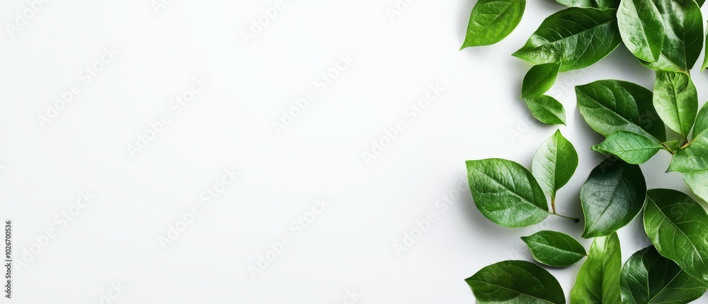 A collection of green leaves stacked upon a white backdrop, provision for text A collection of green leaves stacked upon a white backdrop, provision for text