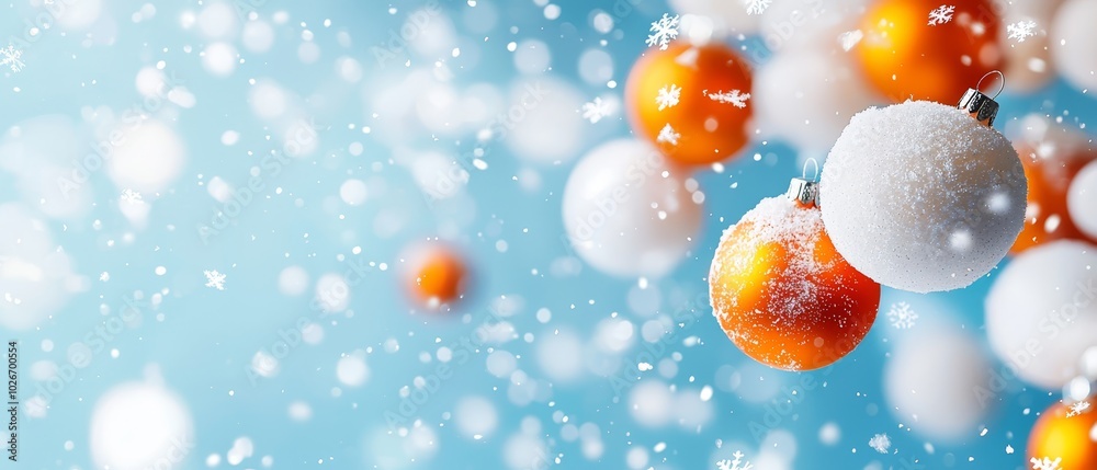 An orange and white ornament hangs from a snow-topped Christmas tree, as flakes gently fall around it An orange and white ornament hangs from a snow-topped Christmas tree, as flakes gently fall around it