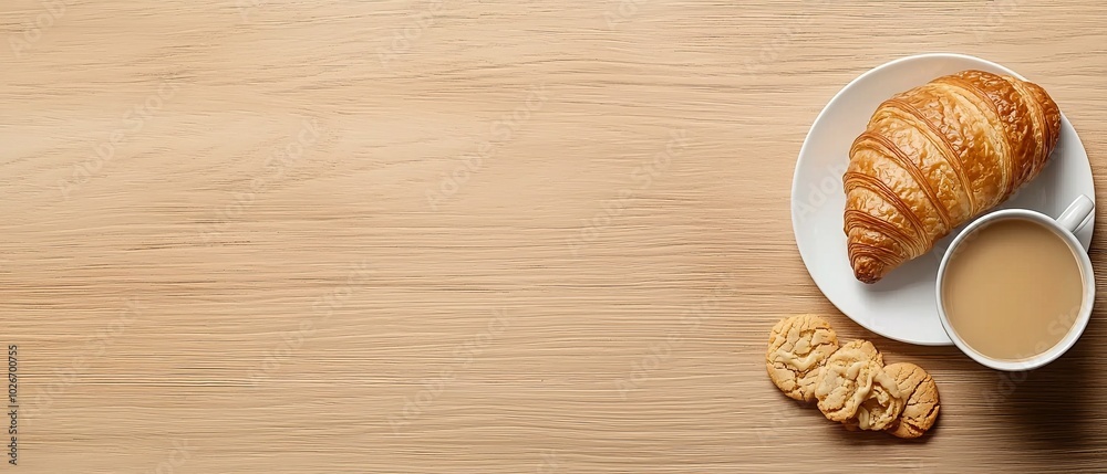 Two croissants and a cup of tea on a wooden table A pair of croissants placed next to each other on a plate, accompanied by a steaming hot cup Two croissants and a cup of tea on a wooden table A pair of croissants placed next to each other on a plate, accompanied by a steaming hot cup