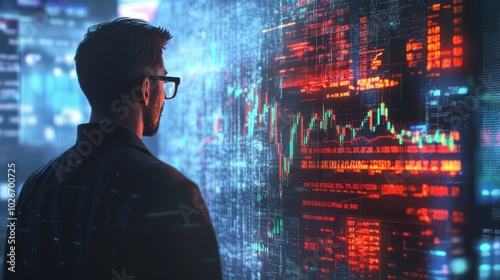 A trader looking at a screen filled with fluctuating cryptocurrency values and stock market updates.