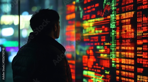 A trader looking at a screen filled with fluctuating cryptocurrency values and stock market updates.