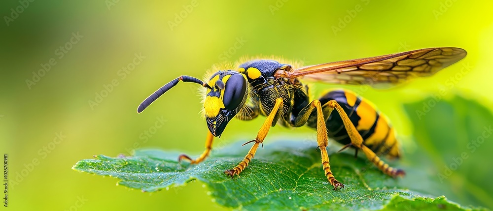 A macro shot of a yellow and black insect on a verdant leaf, adorned with water droplets on its wings A macro shot of a yellow and black insect on a verdant leaf, adorned with water droplets on its wings