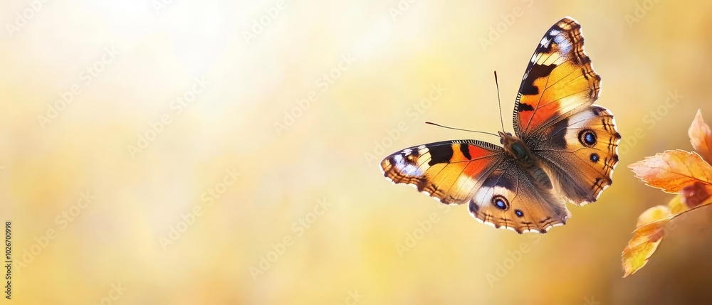 A tight shot of a butterfly in flight against a softly blurred backdrop, with a nearby flower in sharp focus in the foreground A tight shot of a butterfly in flight against a softly blurred backdrop, with a nearby flower in sharp focus in the foreground