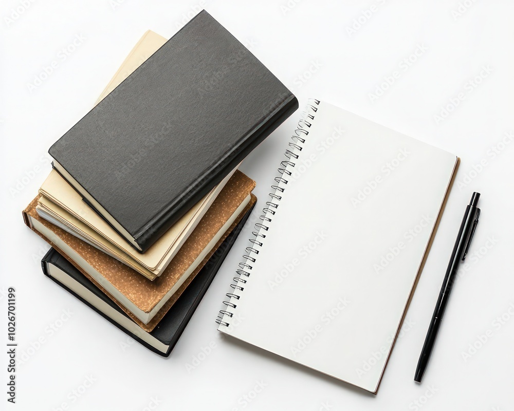 Blank notebook and textbook stack on a clean white background, education mockup Blank notebook and textbook stack on a clean white background, education mockup