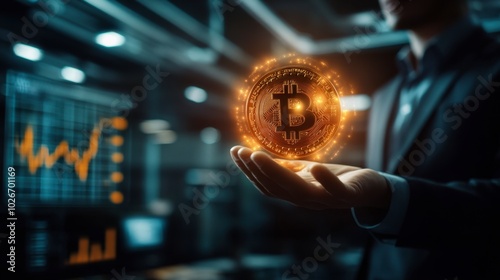 Businessman holding a glowing coin representing cryptocurrency in a futuristic office setting. Charts and graphs in the background, symbolizing growth and technology.