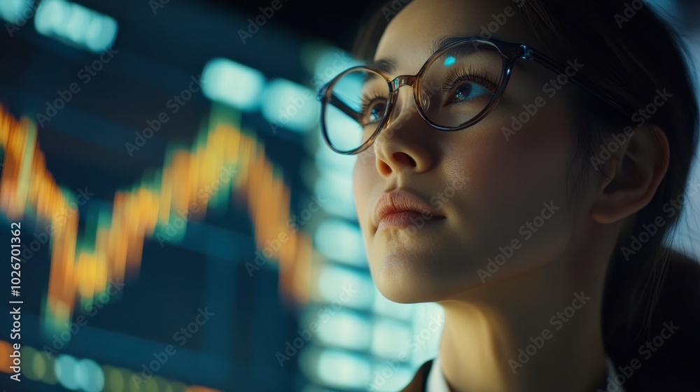 Businesswoman confidently discussing investment strategies in front of a stock market graph with positive trends. Businesswoman confidently discussing investment strategies in front of a stock market graph with positive trends.