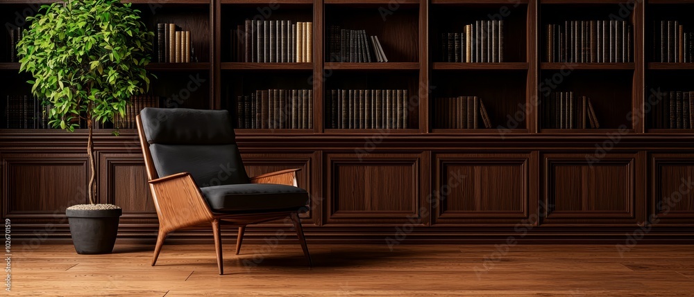 A chair faces a bookshelf, with a potted plant in the room's corner A chair faces a bookshelf, with a potted plant in the room's corner