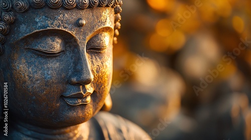 Serene Buddha Statue in Soft Light with Copy Space for Spiritual Concepts.