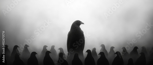  A crisp black-and-white image of a largish bird amidst a dense cluster of smaller birds, set against a foggy backdrop photo