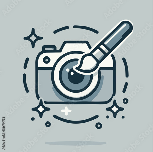 Creative illustration of a camera with a paintbrush, symbolizing the blend of photography and artistic design. Ideal for digital art, multimedia projects, and creative design concepts