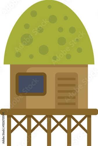 Simple vector illustration of a tropical bungalow on stilts with a green roof