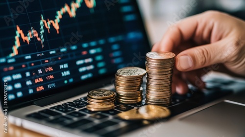 Close-up of hands stacking coins beside a laptop with stock charts displayed, symbolizing careful investment growth.