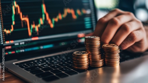 Close-up of hands stacking coins beside a laptop with stock charts displayed, symbolizing careful investment growth.