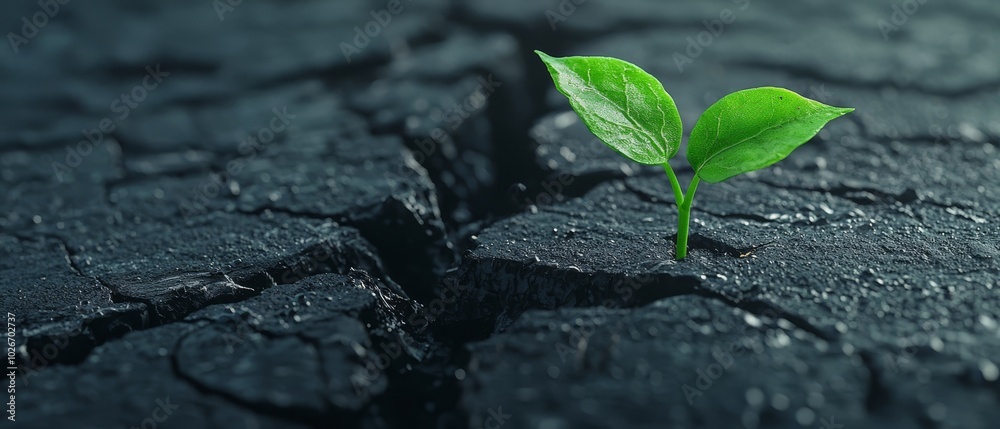 Naklejka premium A tiny green plant emerges from a fissure in weathered concrete, beaded with dew