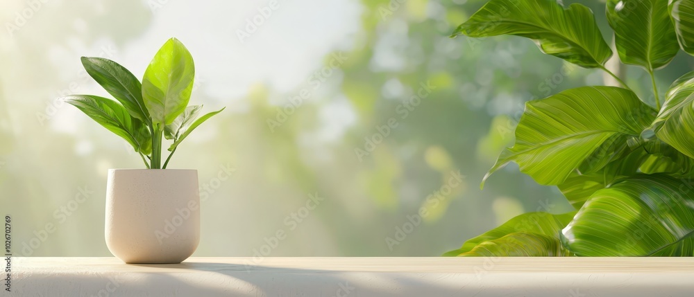 A potted plant atop a wooden table Nearby, a green leafy plant in a white vase A potted plant atop a wooden table Nearby, a green leafy plant in a white vase