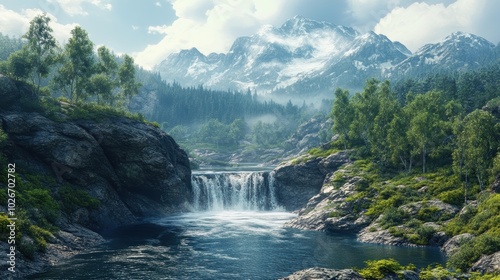 Serene Mountain Waterfall: A picturesque cascade flows down a rocky mountainside, surrounded by lush greenery and snow-capped peaks. The image evokes a sense of tranquility and natural beauty.