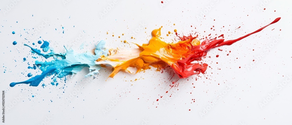 Multicolored paint splatters overlapping on a white canvas in image's center Multicolored paint splatters overlapping on a white canvas in image's center