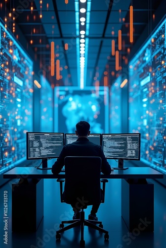 Cutting-edge Vision: IT Tech Guru in Futuristic Data Center Utilizing Laptop Amidst Warehouse, Streamlined Digitalization with Server-Based Information. SAAS Cloud Computing, Web Service Empowered IoE photo