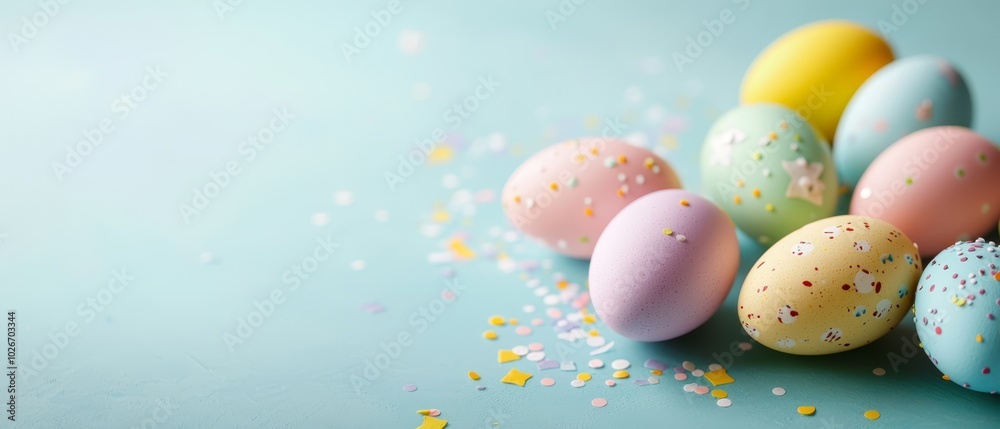  A collection of Easter eggs against a blue backdrop, decorated with sprinkles and confetti