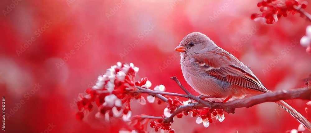 A small bird sits on a tree branch, surrounded by red and white flowers in the foreground The background is softly blurred A small bird sits on a tree branch, surrounded by red and white flowers in the foreground The background is softly blurred