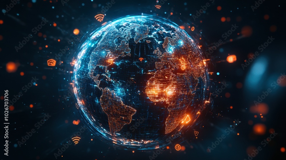 Digital holographic world globe with rotating icons representing data communication. Digital holographic world globe with rotating icons representing data communication.