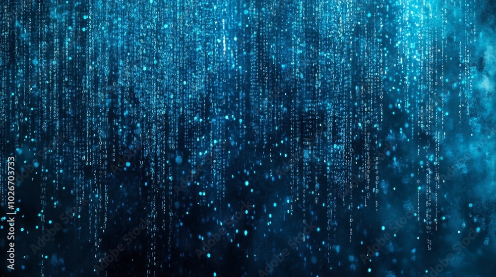 Digital rain of blue particles and code falling vertically across the screen.