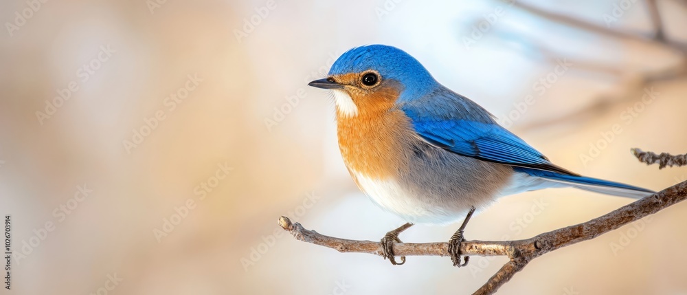 Fototapeta premium A bluebird perches on a leafless branch against a hazy treeback