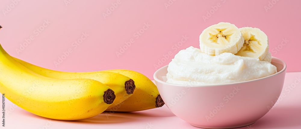 A pink background features a banana on a pink surface, accompanied by a bowl of whipped cream nearby and a discarded peel beside it A pink background features a banana on a pink surface, accompanied by a bowl of whipped cream nearby and a discarded peel beside it