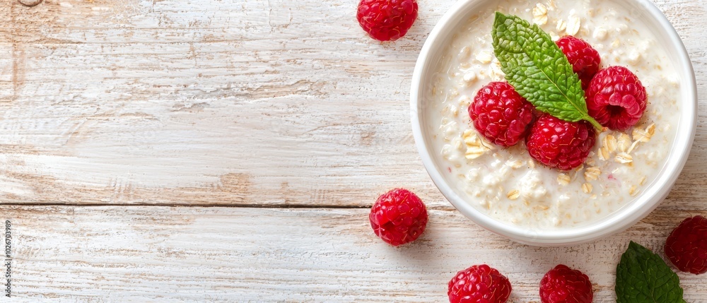 A bowl of oatmeal topped with raspberries and a sprig of mint on a pristine white wooden table, surrounded by green leafy foliage A bowl of oatmeal topped with raspberries and a sprig of mint on a pristine white wooden table, surrounded by green leafy foliage