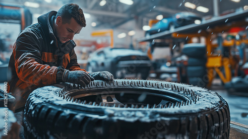 A mechanic in a garage carefully installing metal studs into a set of snow tires. The tires are laid out on a workbench, and the mechanic uses a specialized tool for precise placement.   photo