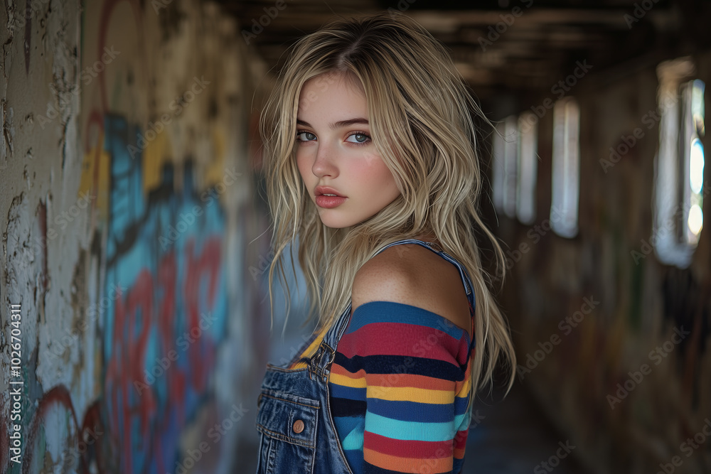 A young woman stands in a building with graffiti on the walls. A young woman stands in a building with graffiti on the walls.